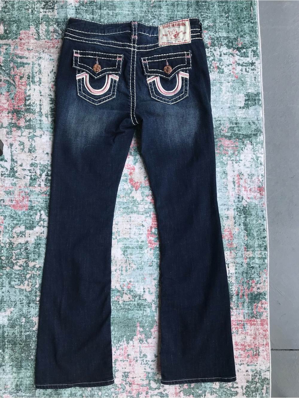 True Religion Women's Dark Blue Boot Cut Jeans with Pink Accent Stitching - Picture 2 of 11
